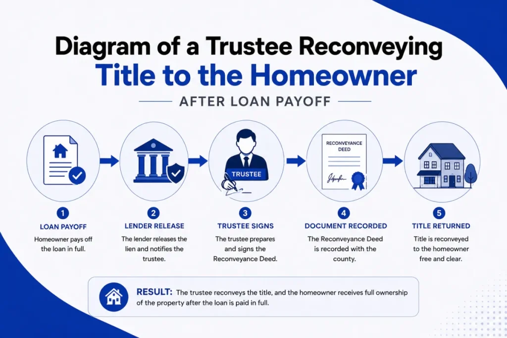 Diagram of a trustee reconveying title to the homeowner after loan payoff