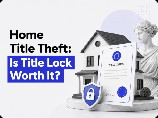 3D house model with a title deed and a shield on a pedestal, beside bold headline 'Home Title Theft: Is Title Lock Worth It?'