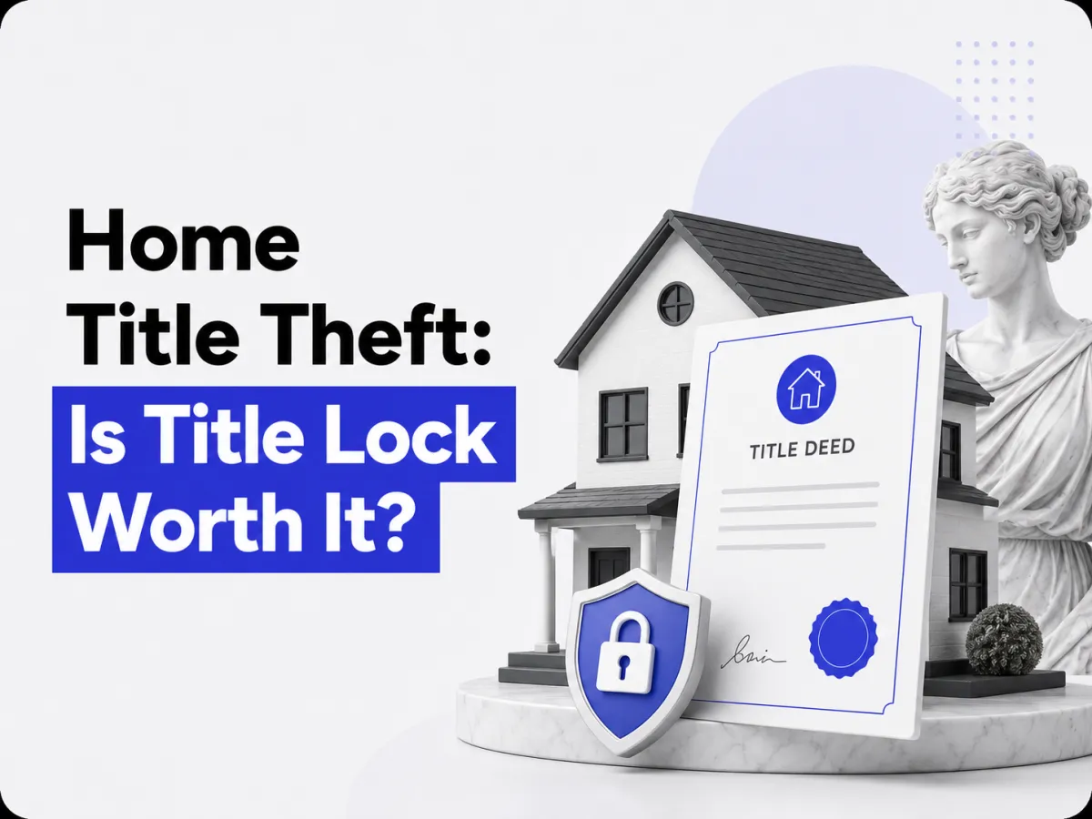 3D house model with a title deed and a shield on a pedestal, beside bold headline 'Home Title Theft: Is Title Lock Worth It?'