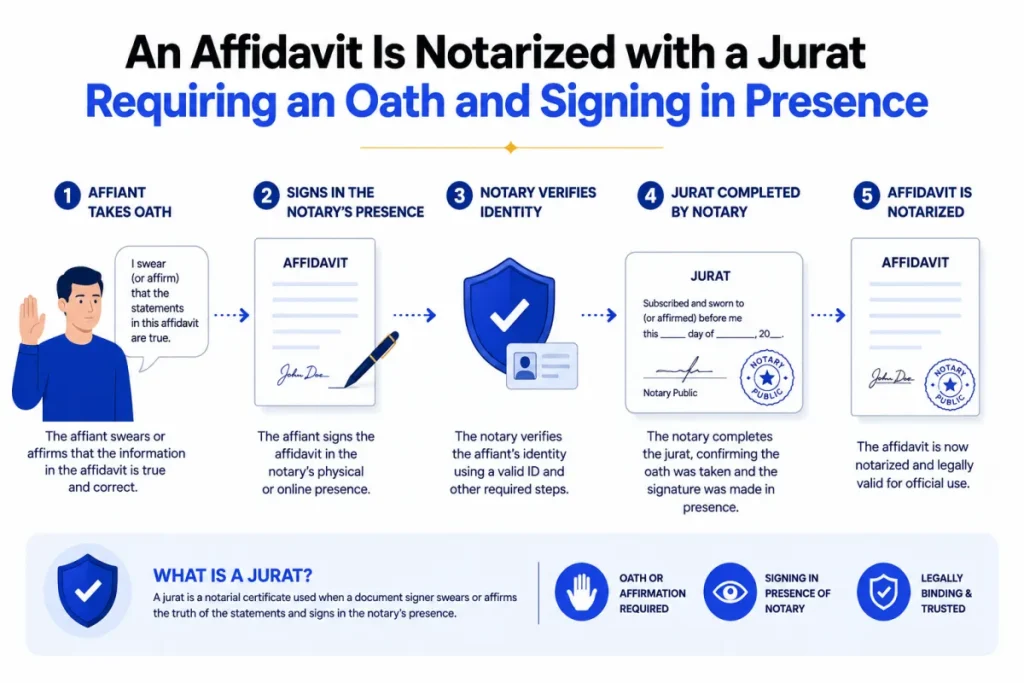 Diagram showing an affidavit is notarized with a jurat requiring an oath and signing in presence