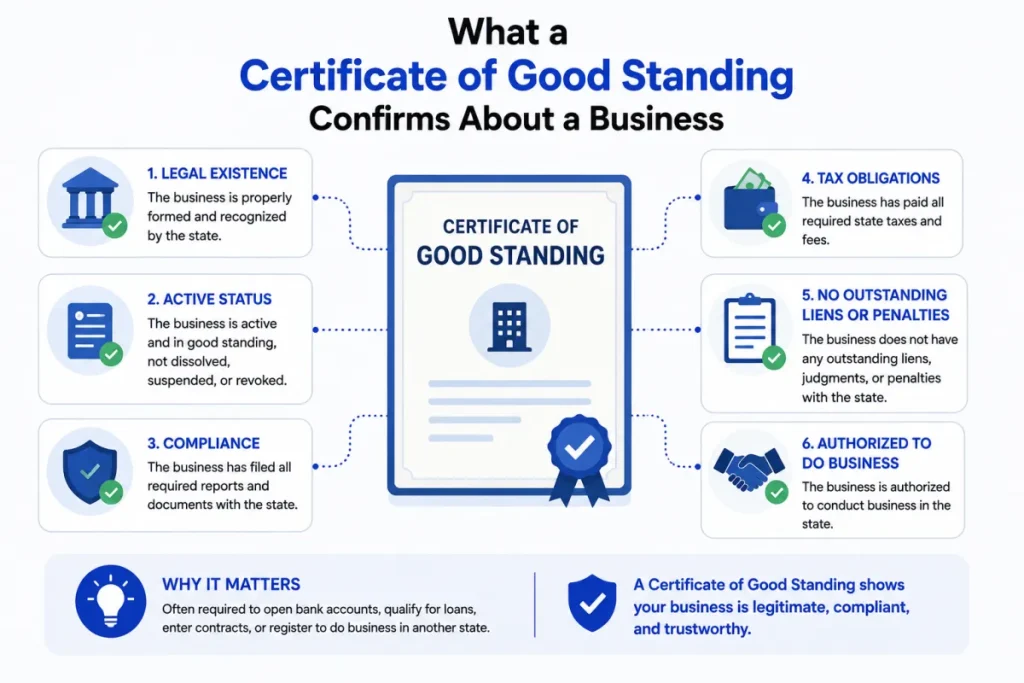 Diagram of what a certificate of good standing confirms about a business