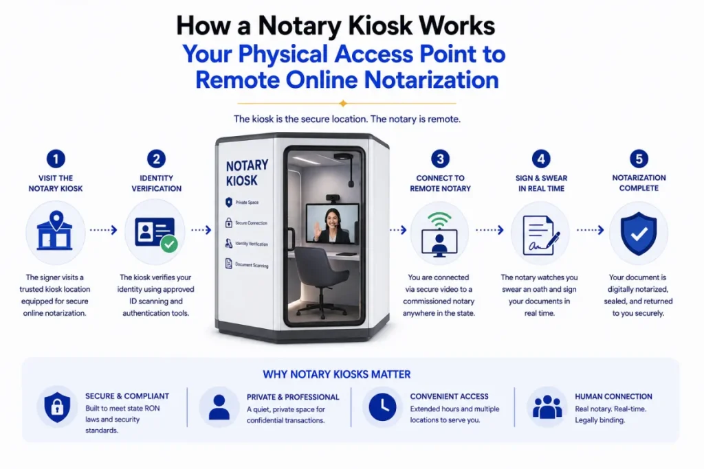 Diagram of a notary kiosk as a physical access point to remote online notarization