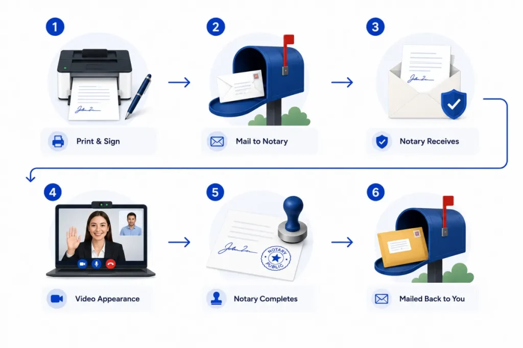 Diagram of remote ink-signed notarization: video appearance plus wet-ink paper mailed to the notary