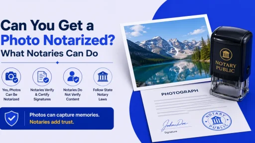 Promotional banner about photo notarization: photo, notary seal, and icons showing what notaries do and don’t verify signatures and content.