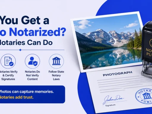 Promotional banner about photo notarization: photo, notary seal, and icons showing what notaries do and don’t verify signatures and content.