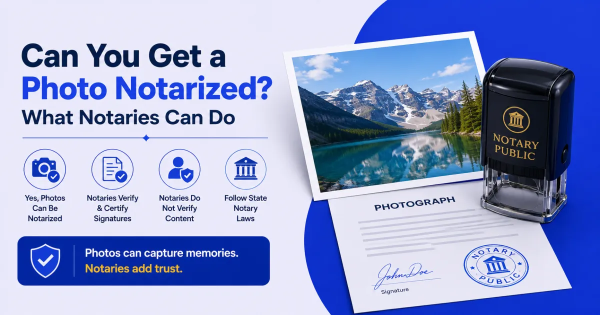Promotional banner about photo notarization: photo, notary seal, and icons showing what notaries do and don’t verify signatures and content.